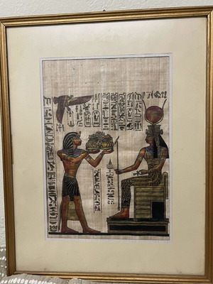 Handmade painting on Egyptian papyrus with frame used, 37cm x 47cm