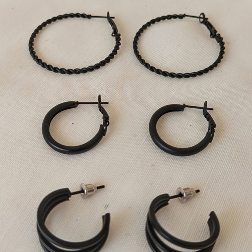 Set of 3 Black Stainless Steel Hoop Earrings new