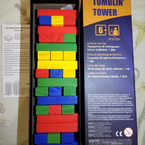 Tumblin' Tower game new, 48 colorful wooden pieces