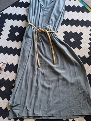 Ancient Greek silk dress grey like new, sleeveless midi with gold belt