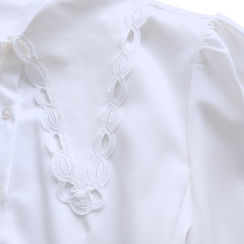 White Embellished Blouse with Embroidered Lace Trim and Poet Sleeves