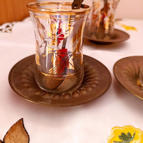 Vintage Turkish tea set with brass details and glass cups new