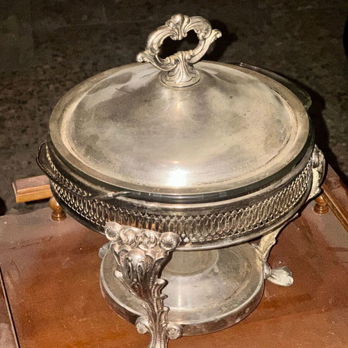 Vintage Silver-Plated Chafing Dish with Glass Container and Lid used
