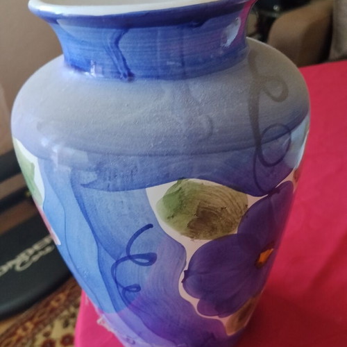 Large decorative ceramic majolica vase with colorful hand-painted flowers, Mediterranean style