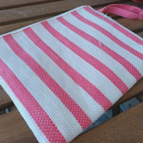 Summer toiletry bag used striped with embroidered Bee Sun Safe phrase