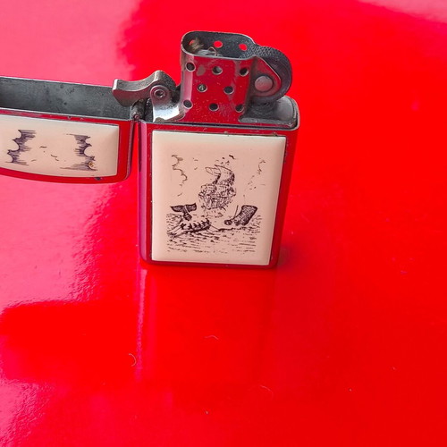 Zippo Slim Scrimshaw Ship & Whale Silver Original USA lighter used