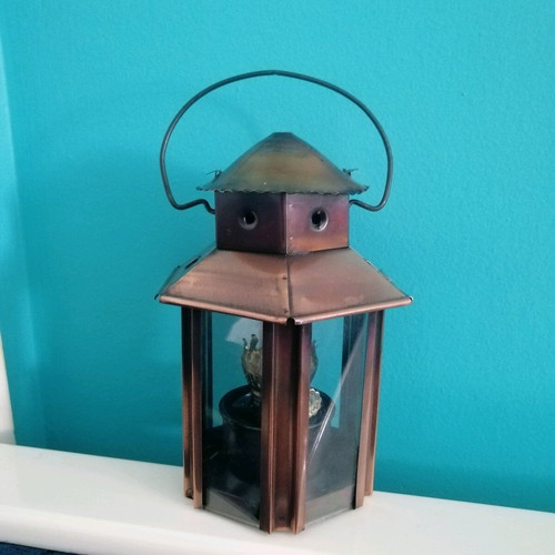 Copper lantern like new, hexagonal with glass panels