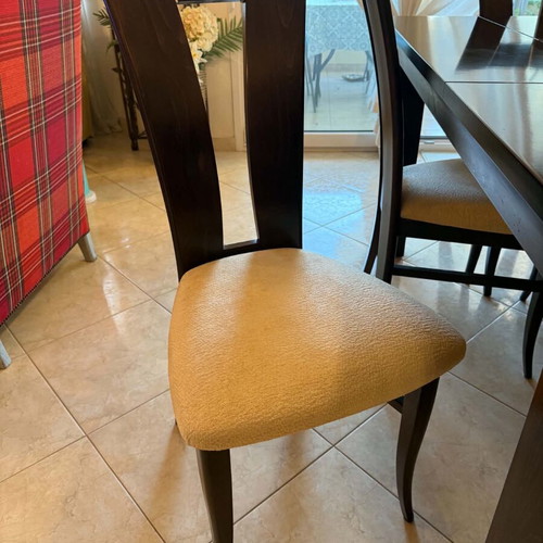 Dining set with 6 chairs, dark brown solid wood, extendable