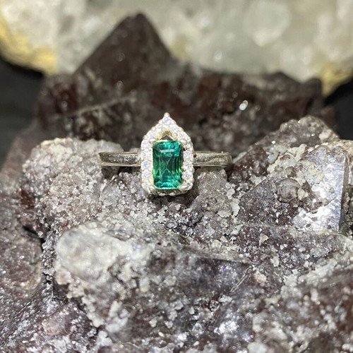 Silver ring with natural indicolite tourmaline and moissanite