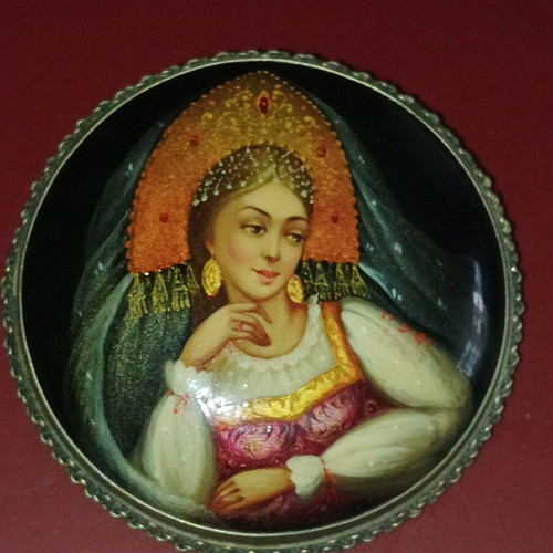 Fedoskino Russian Silver Brooch 1993 Signed Vintage Atelier used