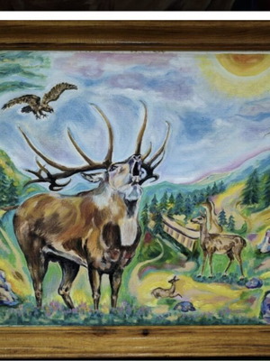 Painting like new with forest landscape and deer in wooden frame