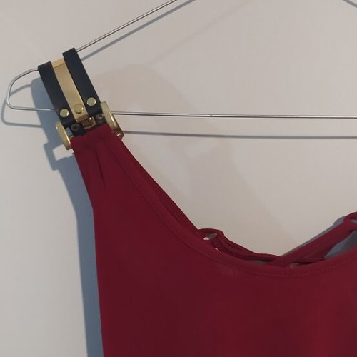 Red top with leather straps and lace-up back, one size