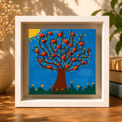 Handmade Tree of Life painting in deep white frame like new