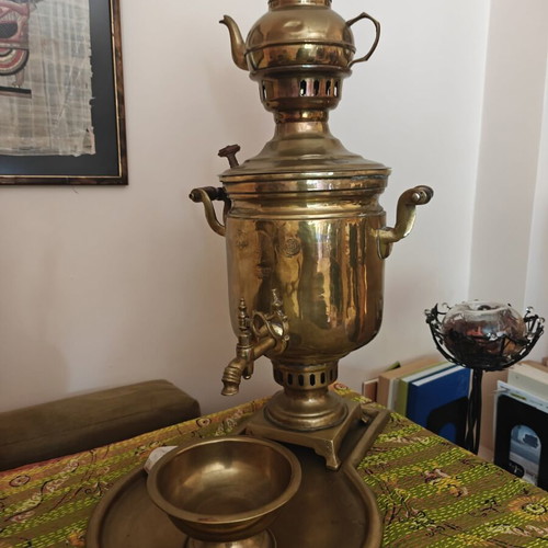 Samovar used traditional brass with tray, basin and teapot