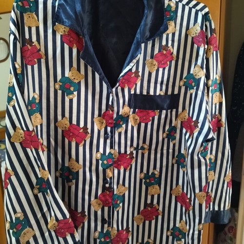 Satin pajamas used with fleece lining and patch on pants, size XL