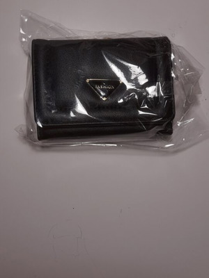 Black wallet new with gold emblem and beige lining