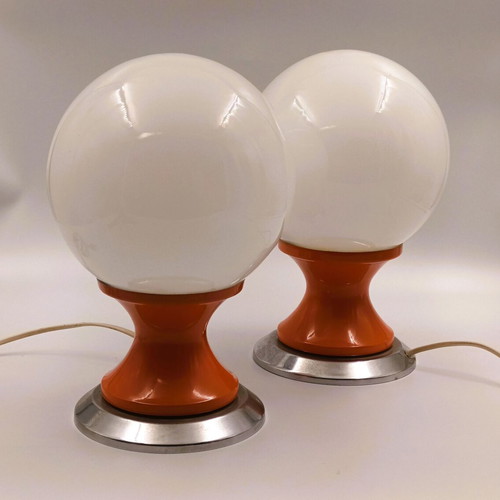 Vintage Space Age Table Lamps Pair 1970s Orange Metal Chrome