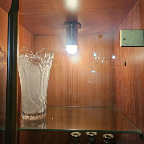 Vintage illuminated walnut display cabinet used, 1960s–70s