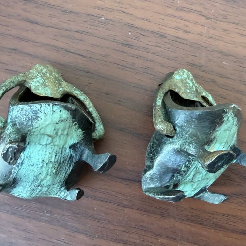 Set of 2 used brass or bronze ashtrays with patina