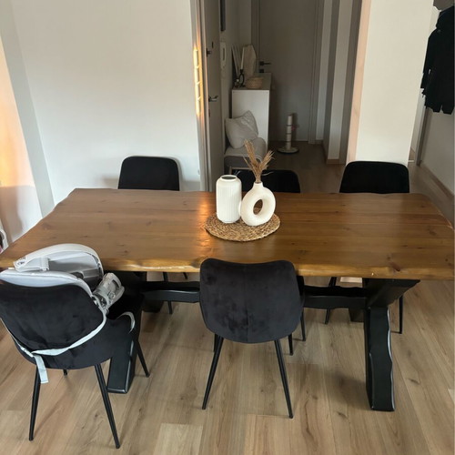 Dining set handmade solid wood with 6 velvet chairs, like new