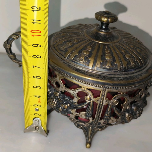 WMF Art Nouveau antique fondue sugar bowl used with red glass lining