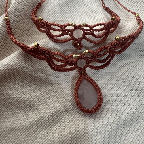 Macrame jewelry set with white opalite and quartz, new