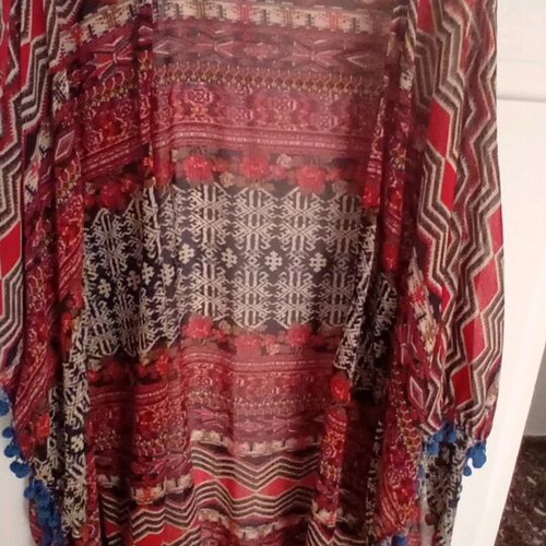 Boho pink woman poncho with pom poms like new
