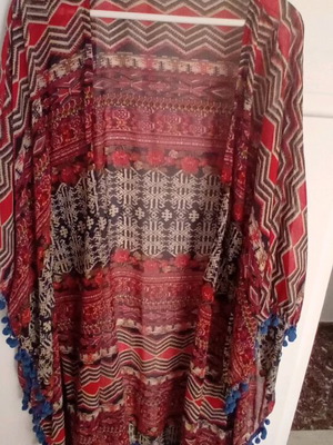 Boho pink woman poncho with pom poms like new