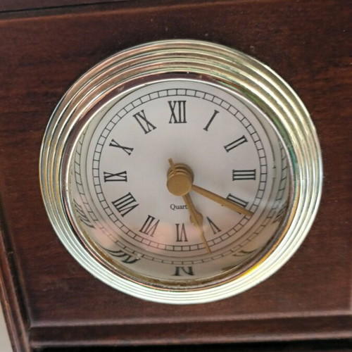 Wooden jewelry box with clock used, brown