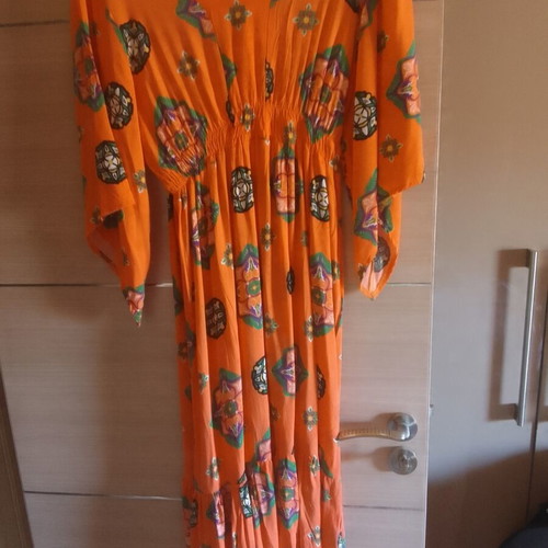 Cotton dress A-Style new, orange, asymmetrical wide sleeve