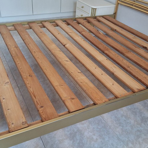 Vintage 90s metal double bed and 2 wooden bedside tables, Zakhar factory