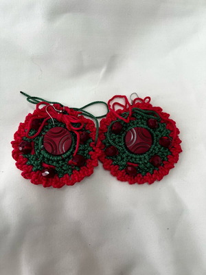 Knitted earrings new with red and green decoration