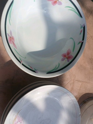 Set of salad bowl and 4 deep plates like new, with small chip