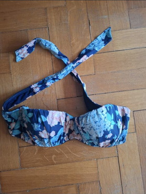 Oysho bandeau bikini top, dark blue with floral pattern