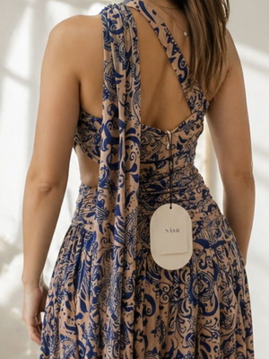 Nash Capri dress by Natasha Avloniti, blue and pink muslin maxi