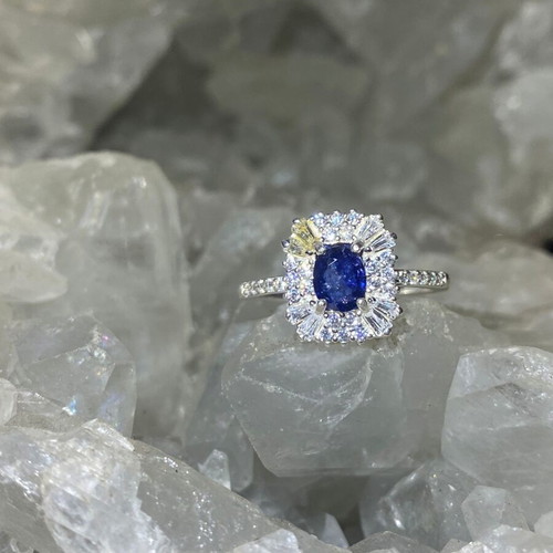 Handmade silver ring with natural blue sapphire and moissanites size 9