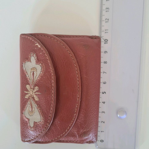 Leather women's wallet used, handmade, red with white flowers