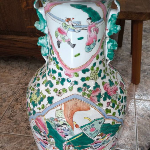 Pair of large Chinese porcelain vases with wooden stands, 1970s