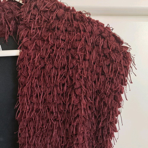Long burgundy Helmi vest new with textured fringe detail