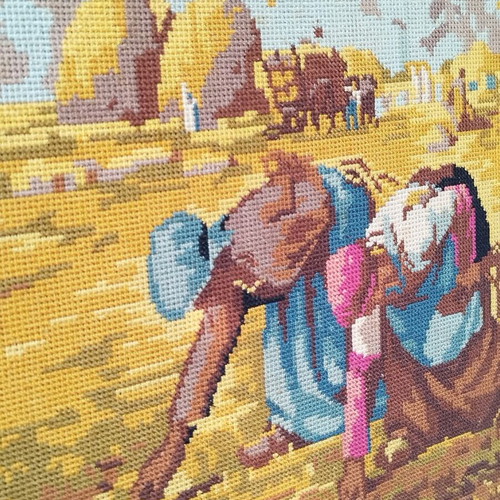 Hand-embroidered painting The Gleaners used with oak frame