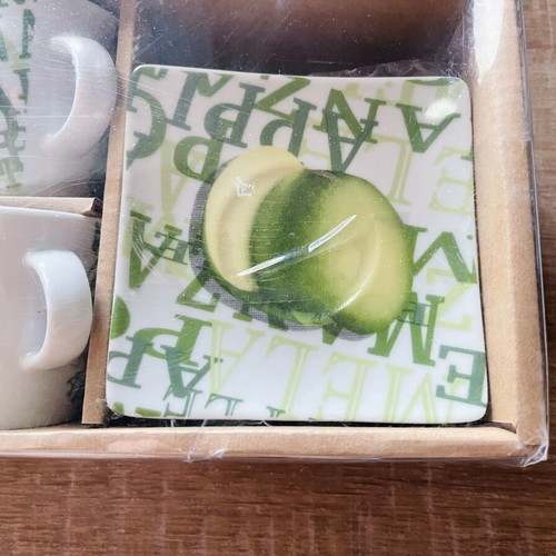 Porcelain coffee cup set with saucers, green apple design, new, 6 pieces