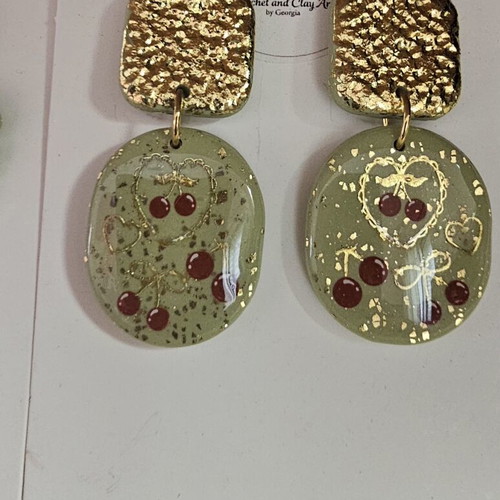 Handmade Vintage Cherry Earrings with Polymer Clay and Gold Leaf