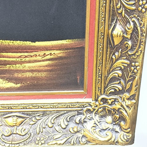 Painting with golden sailing ships under full moon, like new
