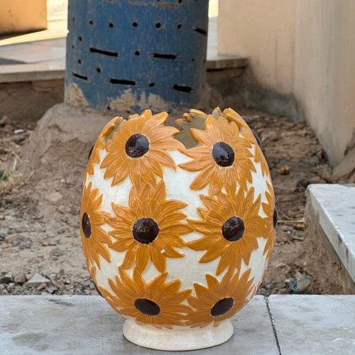 Collectible ceramic vase with sunflowers used, handmade 1978