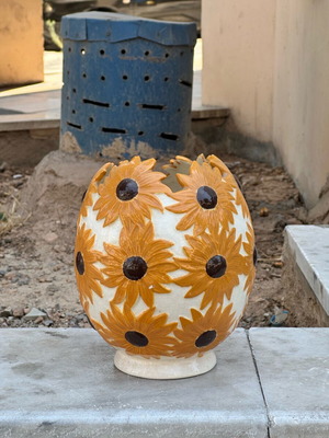 Collectible ceramic vase with sunflowers used, handmade 1978