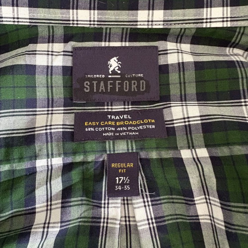 Stafford plaid shirt L long sleeve like new, white and green