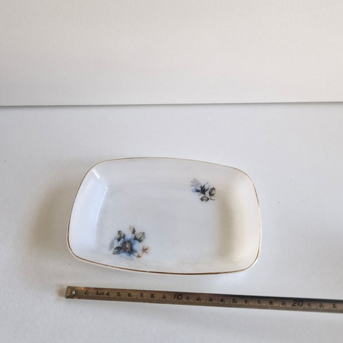 Vintage rectangular fondant dish with blue floral decorations like new