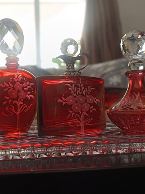 Vintage crystal bottle set with stoppers and Bohemia tray like new