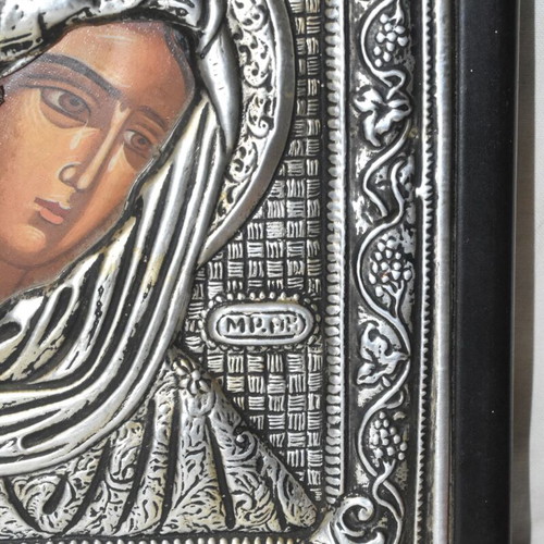 Byzantine Icon of Virgin Mary used with Metal Overlay in Wooden Frame