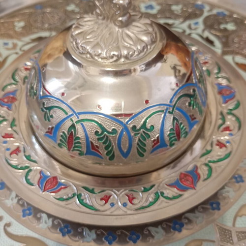 Vintage serving tray and fondue set with cloisonné enamel, like new